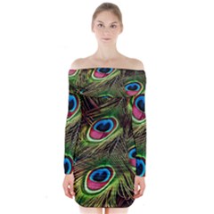 Peacock Feathers Color Plumage Long Sleeve Off Shoulder Dress