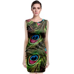 Peacock Feathers Color Plumage Sleeveless Velvet Midi Dress