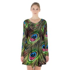 Peacock Feathers Color Plumage Long Sleeve Velvet V-neck Dress