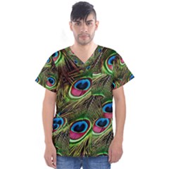 Peacock Feathers Color Plumage Men s V-neck Scrub Top