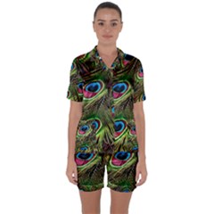 Peacock Feathers Color Plumage Satin Short Sleeve Pyjamas Set