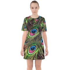 Peacock Feathers Color Plumage Sixties Short Sleeve Mini Dress