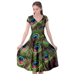 Peacock Feathers Color Plumage Cap Sleeve Wrap Front Dress by Celenk