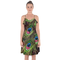 Peacock Feathers Color Plumage Ruffle Detail Chiffon Dress