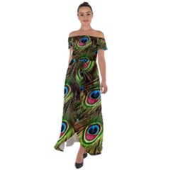 Peacock Feathers Color Plumage Off Shoulder Open Front Chiffon Dress