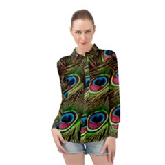 Peacock Feathers Color Plumage Long Sleeve Chiffon Shirt