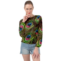 Peacock Feathers Color Plumage Banded Bottom Chiffon Top