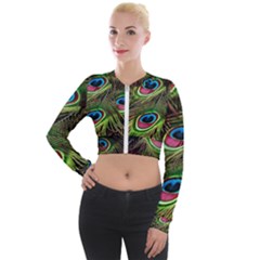 Peacock Feathers Color Plumage Long Sleeve Cropped Velvet Jacket by Celenk