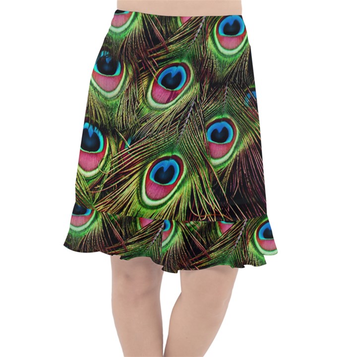 Peacock Feathers Color Plumage Fishtail Chiffon Skirt