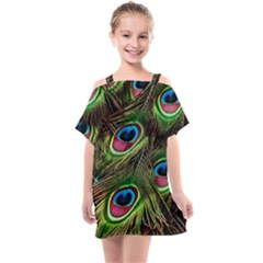 Peacock Feathers Color Plumage Kids  One Piece Chiffon Dress