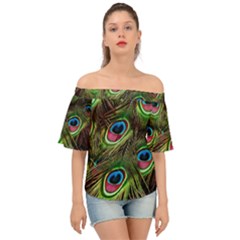 Peacock Feathers Color Plumage Off Shoulder Short Sleeve Top