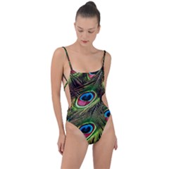 Peacock Feathers Color Plumage Tie Strap One Piece Swimsuit