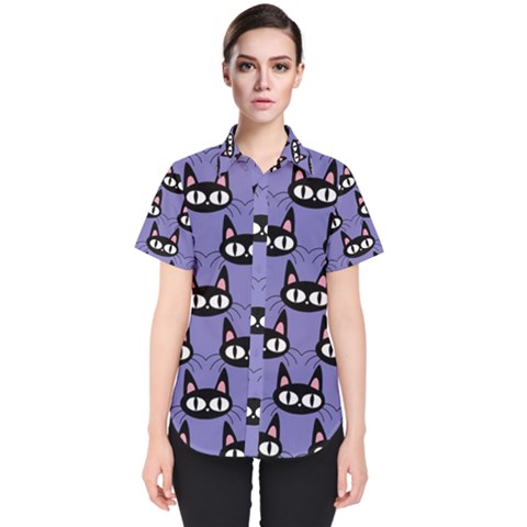 Cute Black Cat Pattern Women s Short Sleeve Shirt by Valentinaart