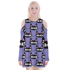 Cute Black Cat Pattern Velvet Long Sleeve Shoulder Cutout Dress