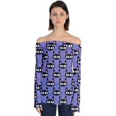 Cute Black Cat Pattern Off Shoulder Long Sleeve Top by Valentinaart