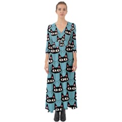 Cute Black Cat Pattern Button Up Boho Maxi Dress by Valentinaart