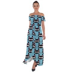 Cute Black Cat Pattern Off Shoulder Open Front Chiffon Dress