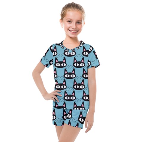 Cute Black Cat Pattern Kids  Mesh Tee And Shorts Set by Valentinaart