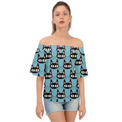 Cute Black Cat Pattern Off Shoulder Short Sleeve Top by Valentinaart