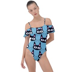 Cute Black Cat Pattern Frill Detail One Piece Swimsuit by Valentinaart