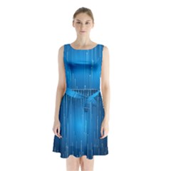 Abstract Rain Space Sleeveless Waist Tie Chiffon Dress