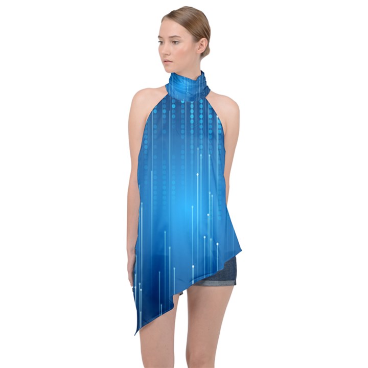 Abstract Rain Space Halter Asymmetric Satin Top