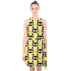 Cute Black Cat Pattern Halter Collar Waist Tie Chiffon Dress