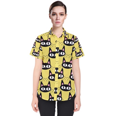 Cute Black Cat Pattern Women s Short Sleeve Shirt by Valentinaart