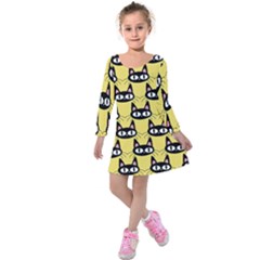 Cute Black Cat Pattern Kids  Long Sleeve Velvet Dress