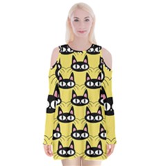 Cute Black Cat Pattern Velvet Long Sleeve Shoulder Cutout Dress