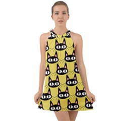 Cute Black Cat Pattern Halter Tie Back Chiffon Dress by Valentinaart