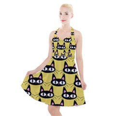 Cute Black Cat Pattern Halter Party Swing Dress  by Valentinaart