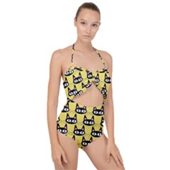 Cute Black Cat Pattern Scallop Top Cut Out Swimsuit by Valentinaart