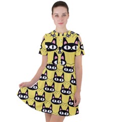 Cute Black Cat Pattern Short Sleeve Shoulder Cut Out Dress  by Valentinaart