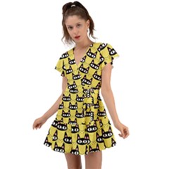 Cute Black Cat Pattern Flutter Sleeve Wrap Dress