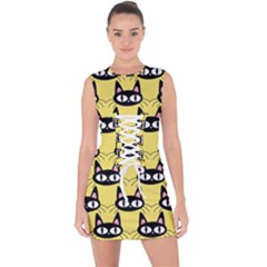 Cute Black Cat Pattern Lace Up Front Bodycon Dress by Valentinaart