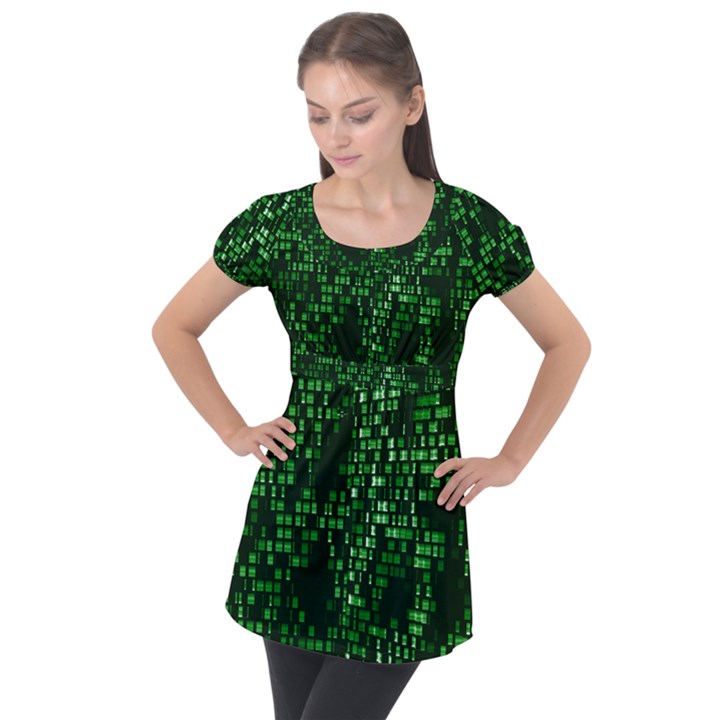 Abstract Plaid Green Puff Sleeve Tunic Top