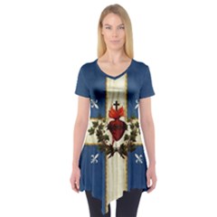 Quebec Flag Drapeau Québec Patriote Carillon Sacré-coeur Christian Catholic Old Vintage With Fleurs De Lys Short Sleeve Tunic  by Quebec