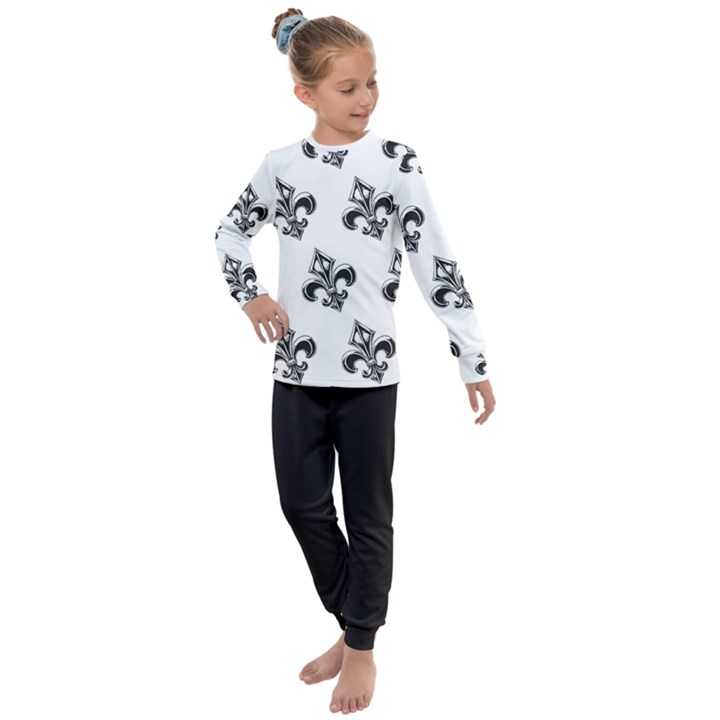 French France Fleur De Lys Metal Pattern black and white antique vintage Kids  Long Sleeve Set 