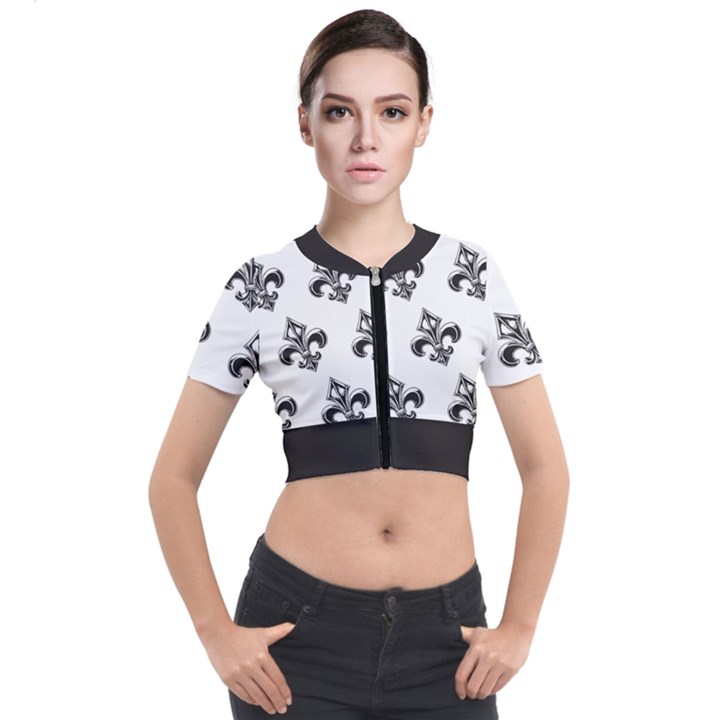 French France Fleur De Lys Metal Pattern black and white antique vintage Short Sleeve Cropped Jacket