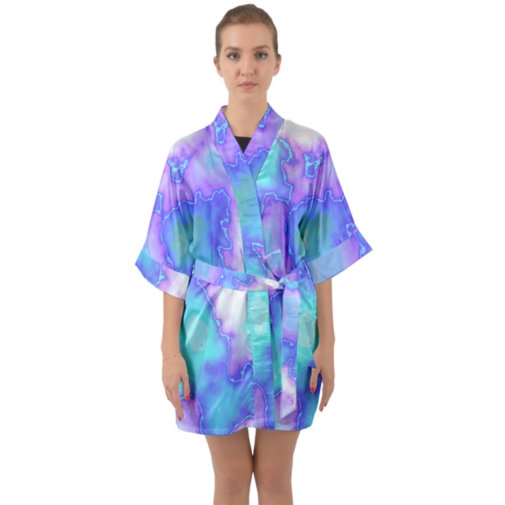 Dégradé Violet/Bleu Half Sleeve Satin Kimono 