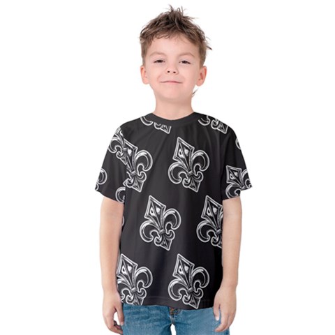 French France Fleur De Lys Metal Pattern Black And White Antique Vintage Black Rocker Kids  Cotton Tee by Quebec