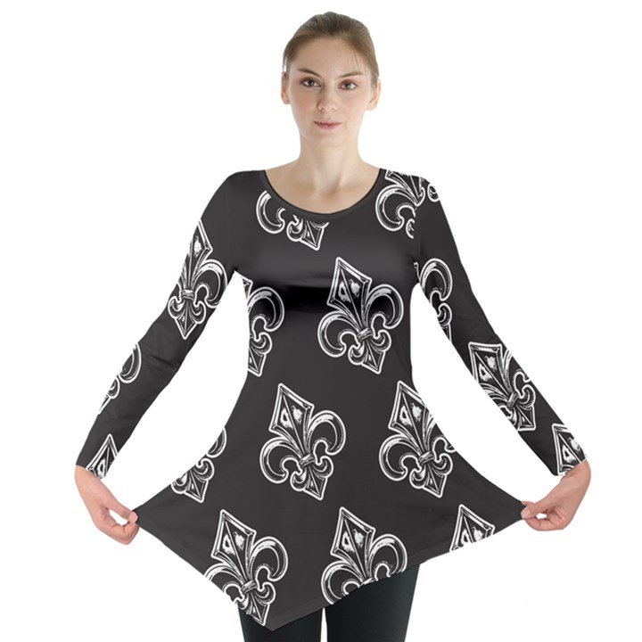 French France Fleur De Lys Metal Pattern black and white antique vintage black rocker Long Sleeve Tunic 