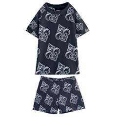 French France Fleur De Lys Metal Pattern Black And White Antique Vintage Black Rocker Kids  Swim Tee And Shorts Set by Quebec