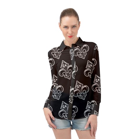 French France Fleur De Lys Metal Pattern Black And White Antique Vintage Black Rocker Long Sleeve Chiffon Shirt by Quebec