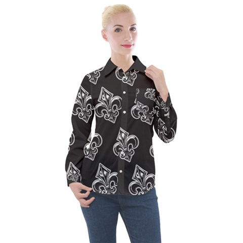 French France Fleur De Lys Metal Pattern Black And White Antique Vintage Black Rocker Women s Long Sleeve Pocket Shirt by Quebec