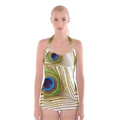 Peacock Feather Plumage Colorful Boyleg Halter Swimsuit  by Sapixe