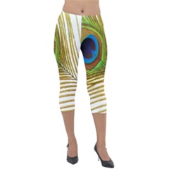 Peacock Feather Plumage Colorful Lightweight Velour Capri Leggings  by Sapixe