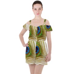 Peacock Feather Plumage Colorful Ruffle Cut Out Chiffon Playsuit by Sapixe