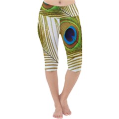 Peacock Feather Plumage Colorful Lightweight Velour Cropped Yoga Leggings by Sapixe